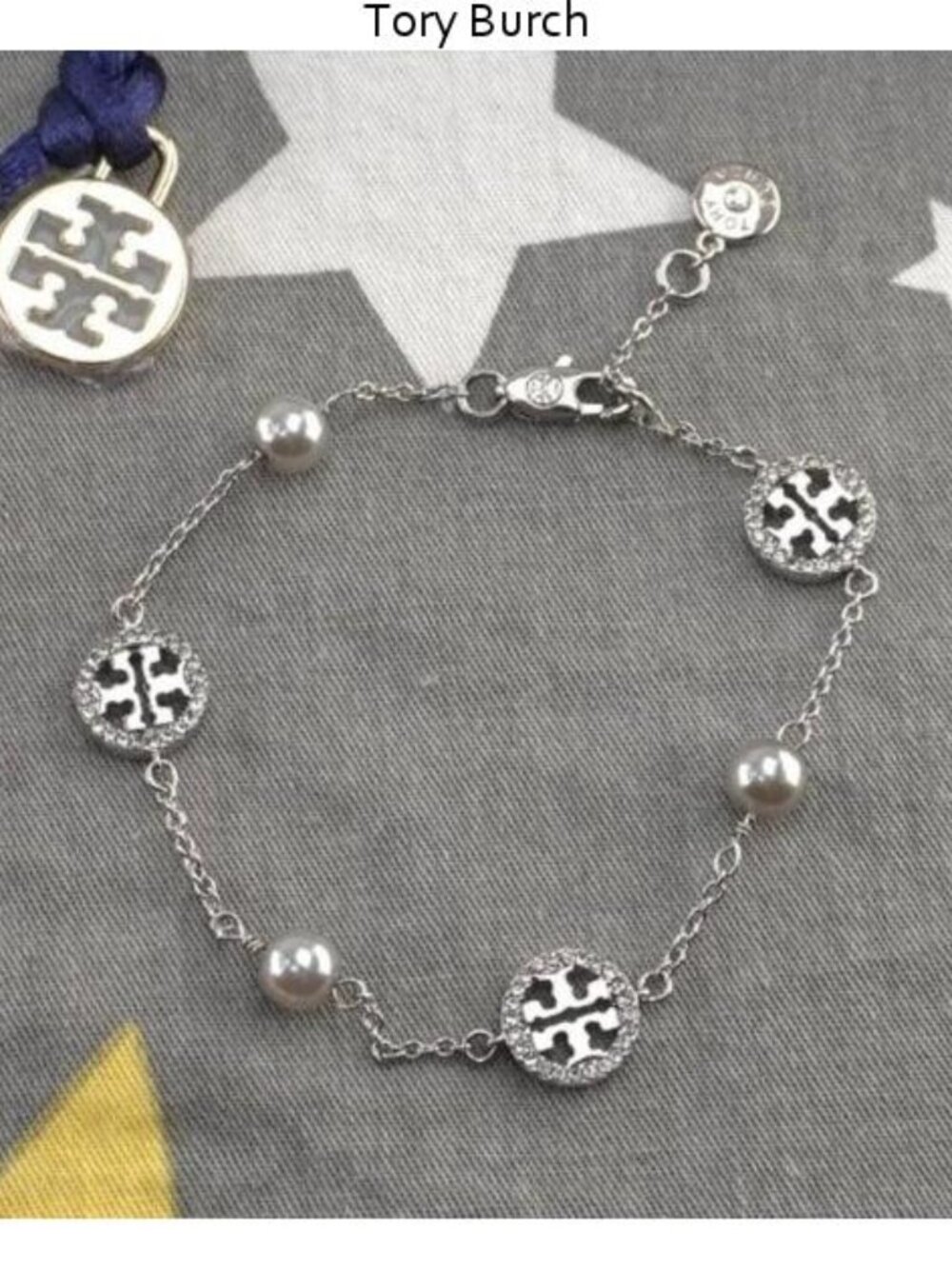 Tory Burch Miller Pavé Pearl Chain Bracelet in Silver